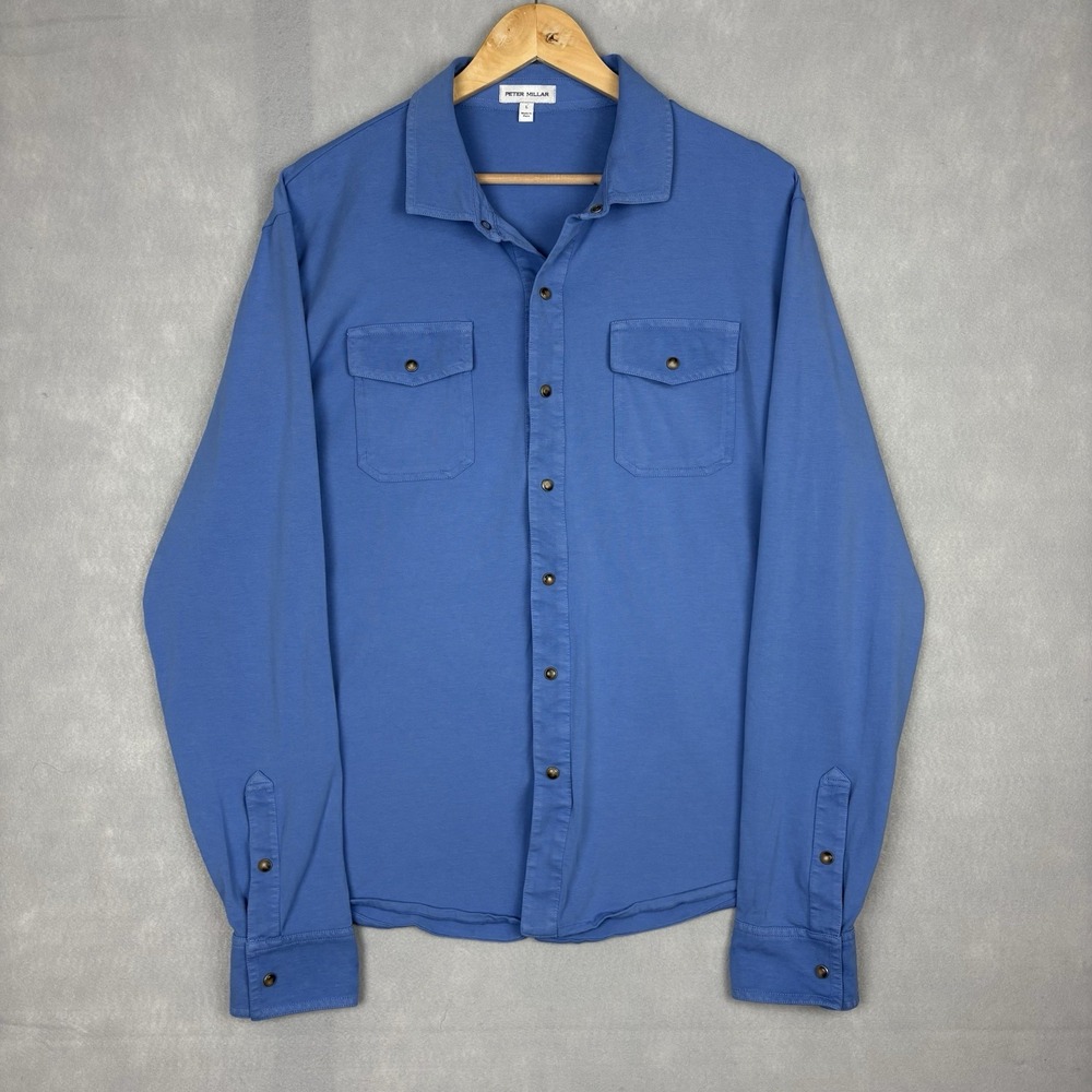 Peter Millar Pearl Snap Shirt Men’s Large Blue Long Sleeve Performance Golf
